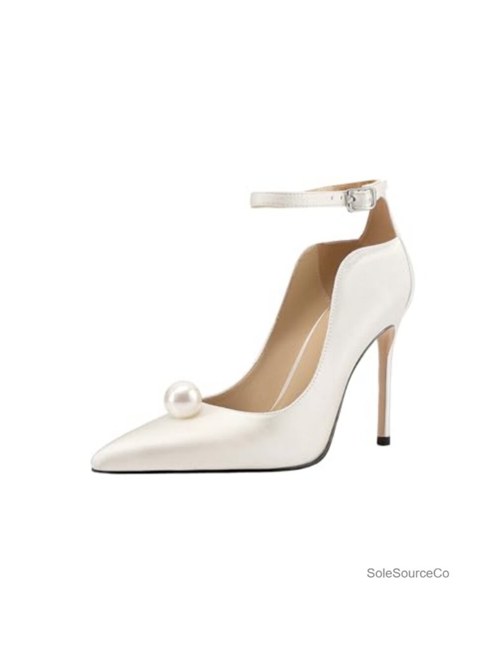 4 Inch Pointed Toe Satin Pumps with Pearl Accent Cushioned Dress Heels